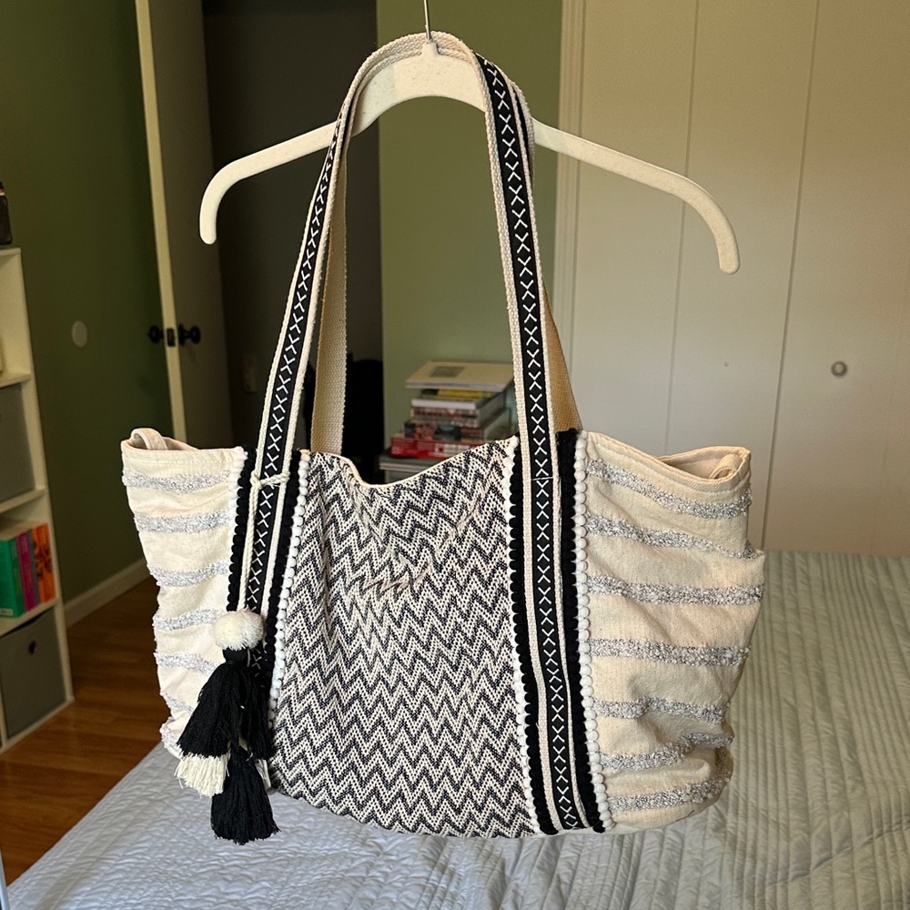 Woven Stripe Tote Bag in Cream and Black